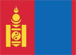 [ai] The flag of Mongolia featuring three vertical bands: red on the left, blue in the center, and red on the right. The yellow symbol of the Soyombo is displayed on the left red band.